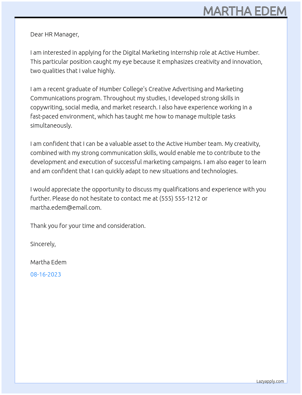 Digital marketing At Active Humber Cover Letter