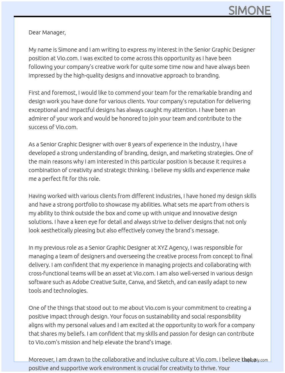 Senior Graphic Designer At Vio.com Cover Letter