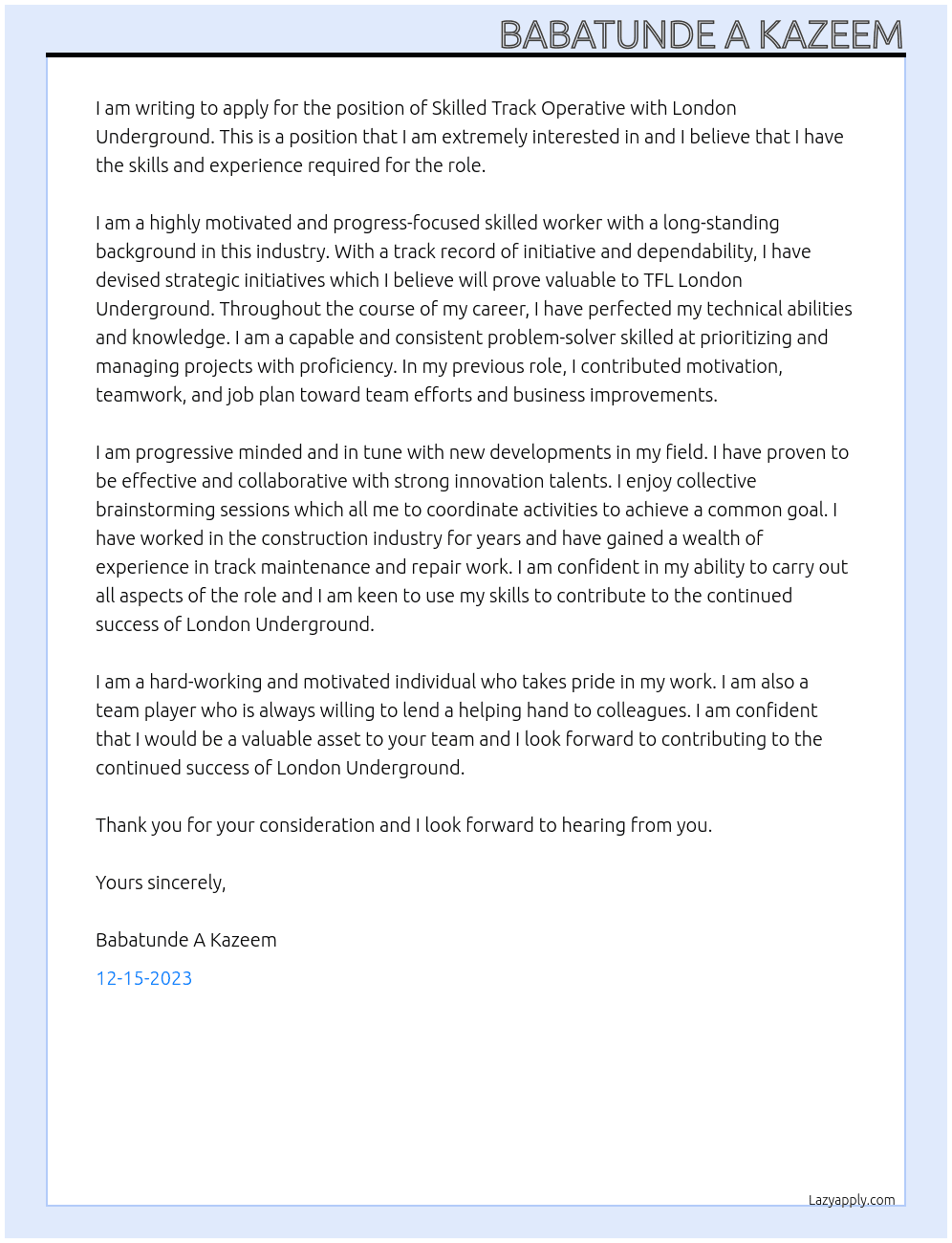 Skilled Track Operative At London Underground Cover Letter
