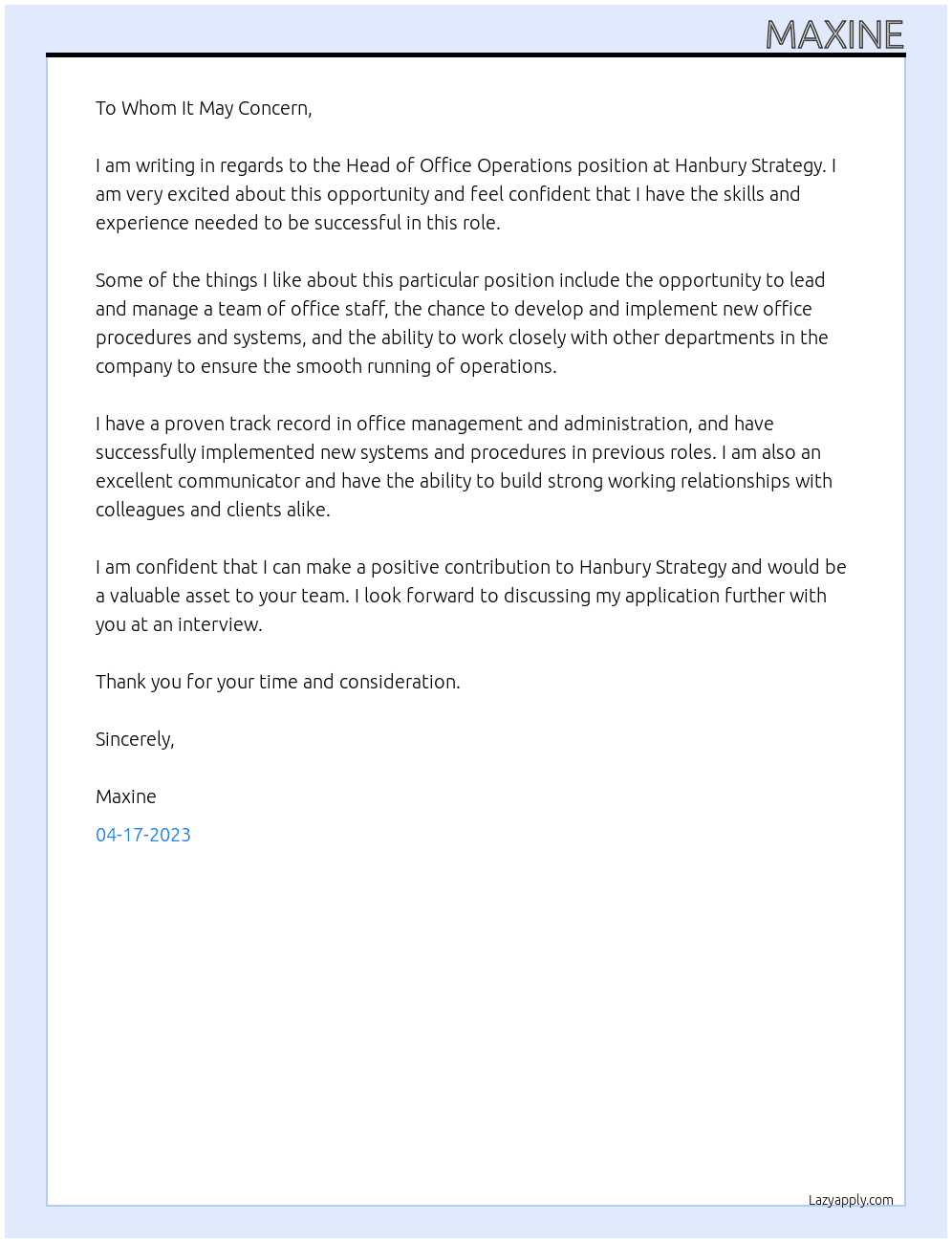 Head of Office Operations At Hanbury Strategy Cover Letter