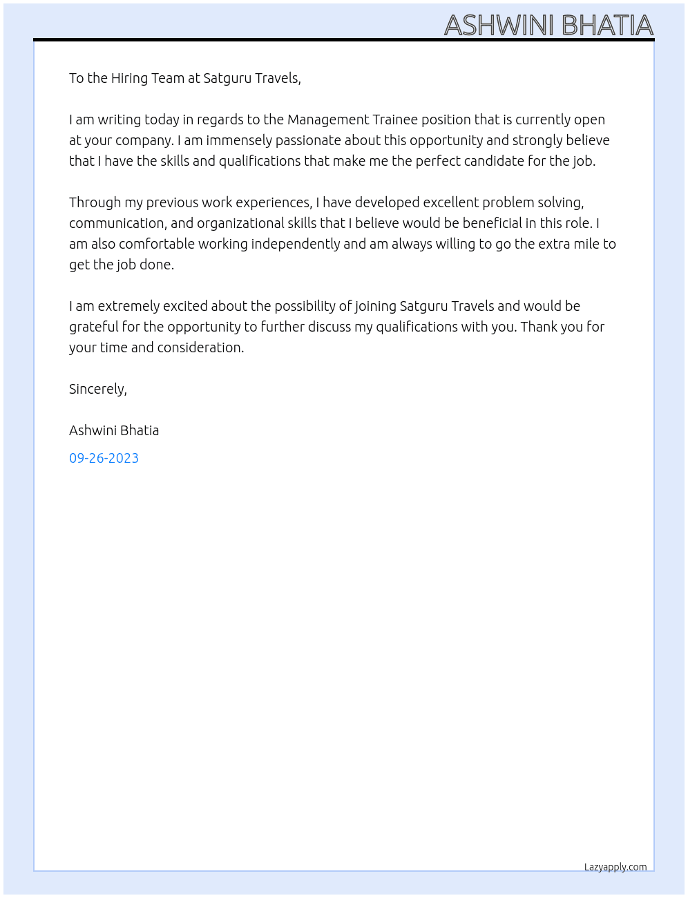 Management Trainee At Satguru Travels Cover Letter