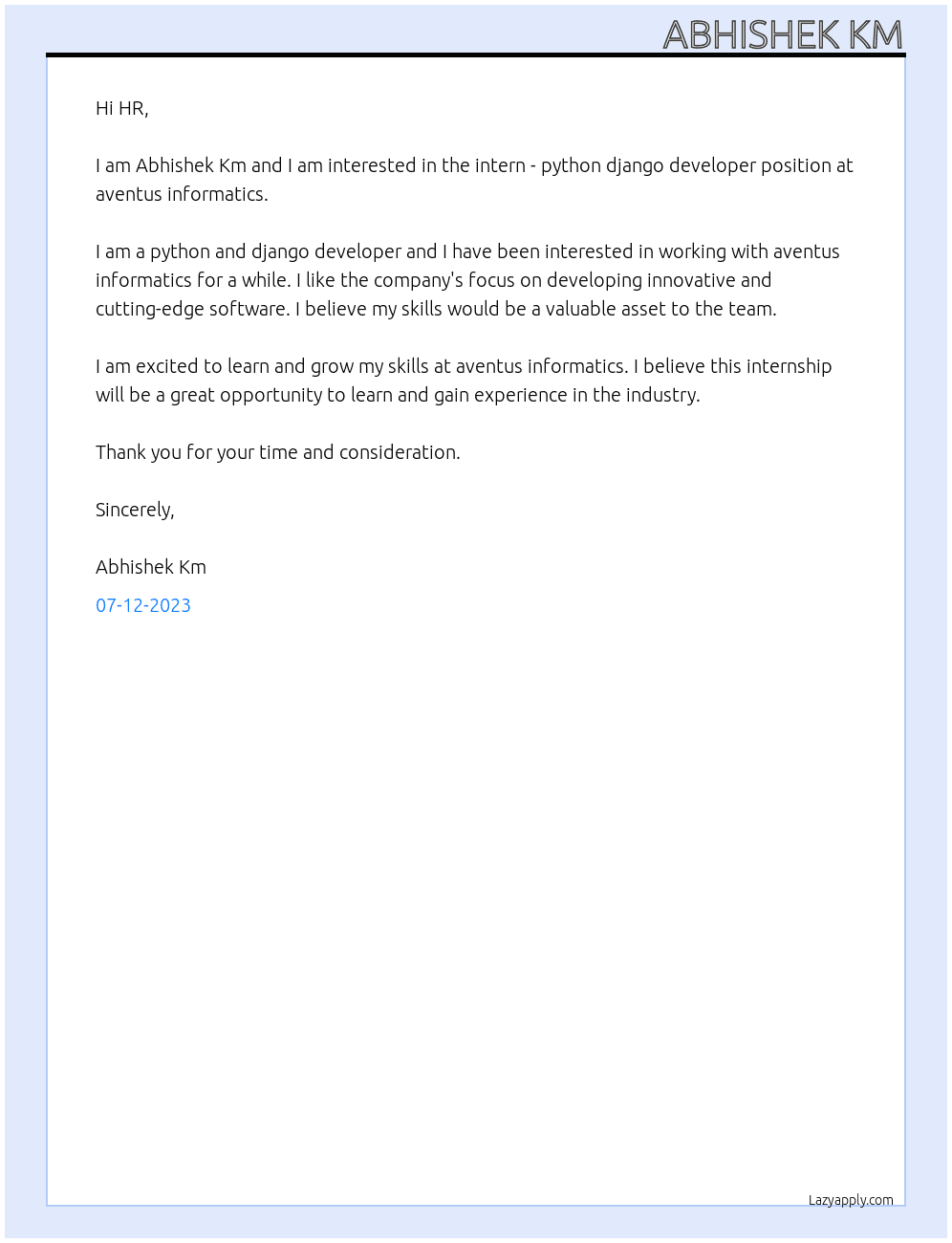 intern - python djando developer At aventus informatics Cover Letter