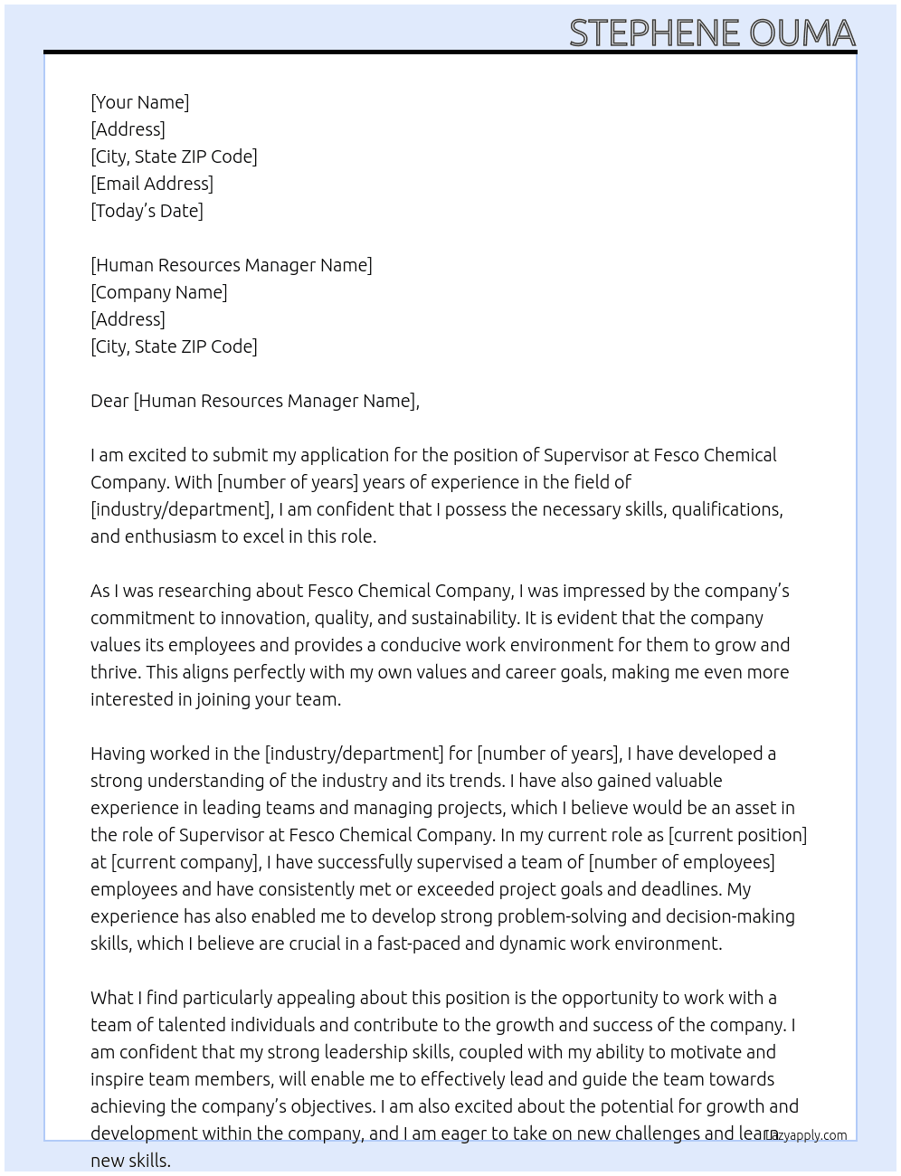 supervisor  At Fesco Chemical company  Cover Letter