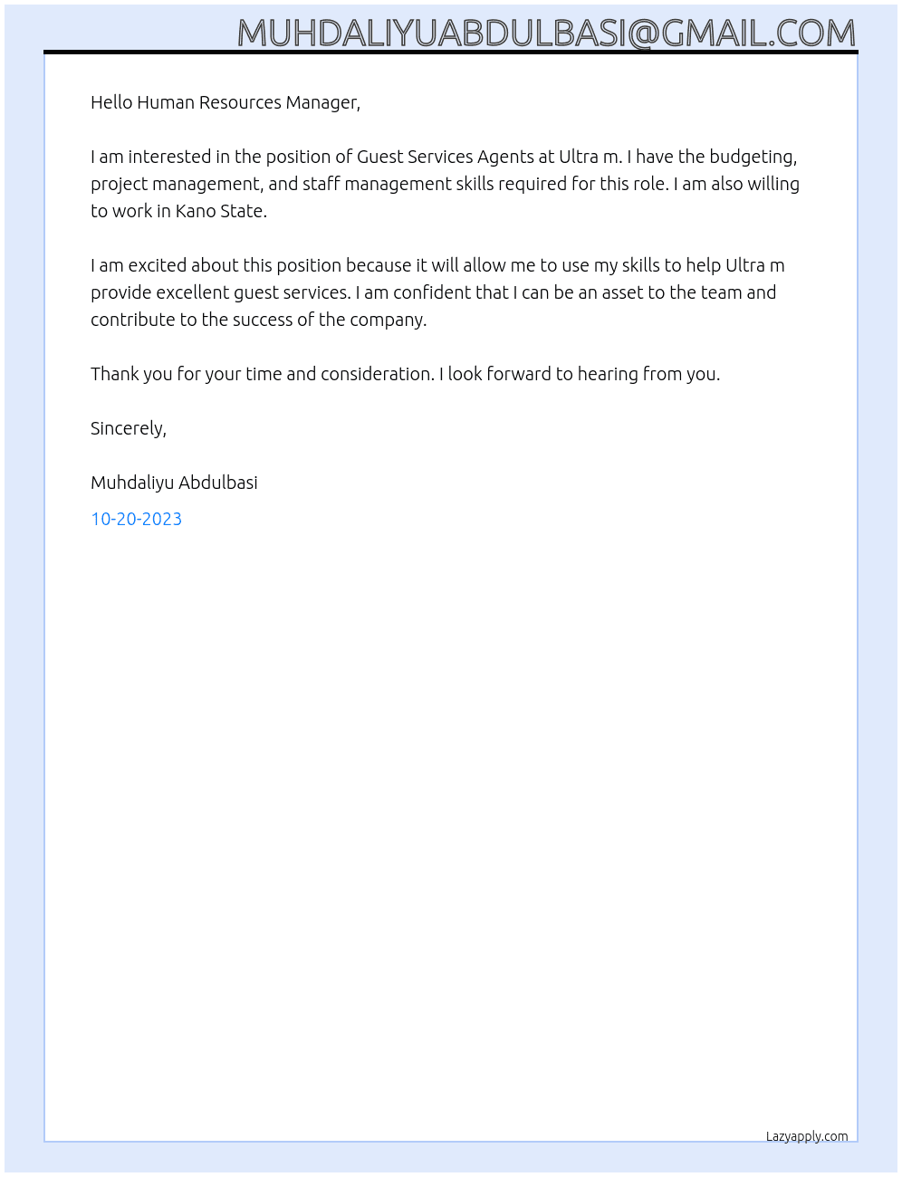 Guest Services Agents  At Ultra m Cover Letter