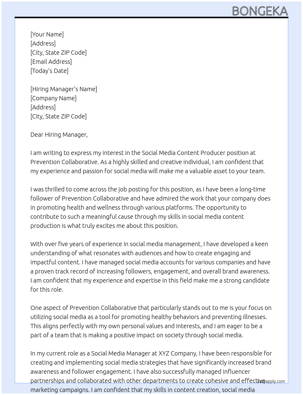 Social media content producer At Prevention Collaborative Cover Letter