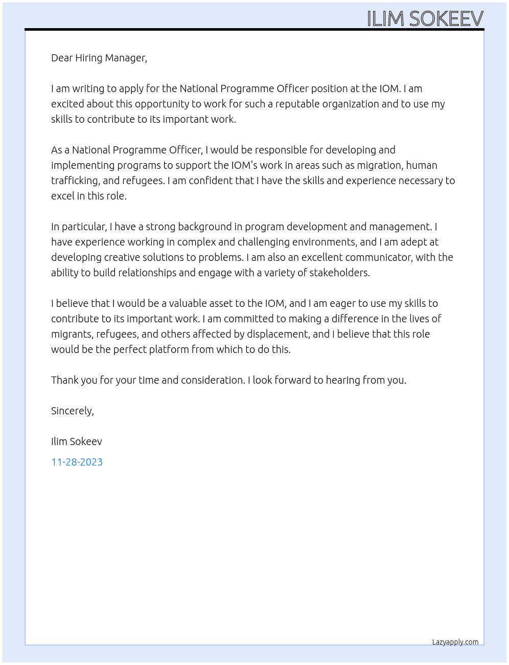 National Programme Officer At the IOM Cover Letter