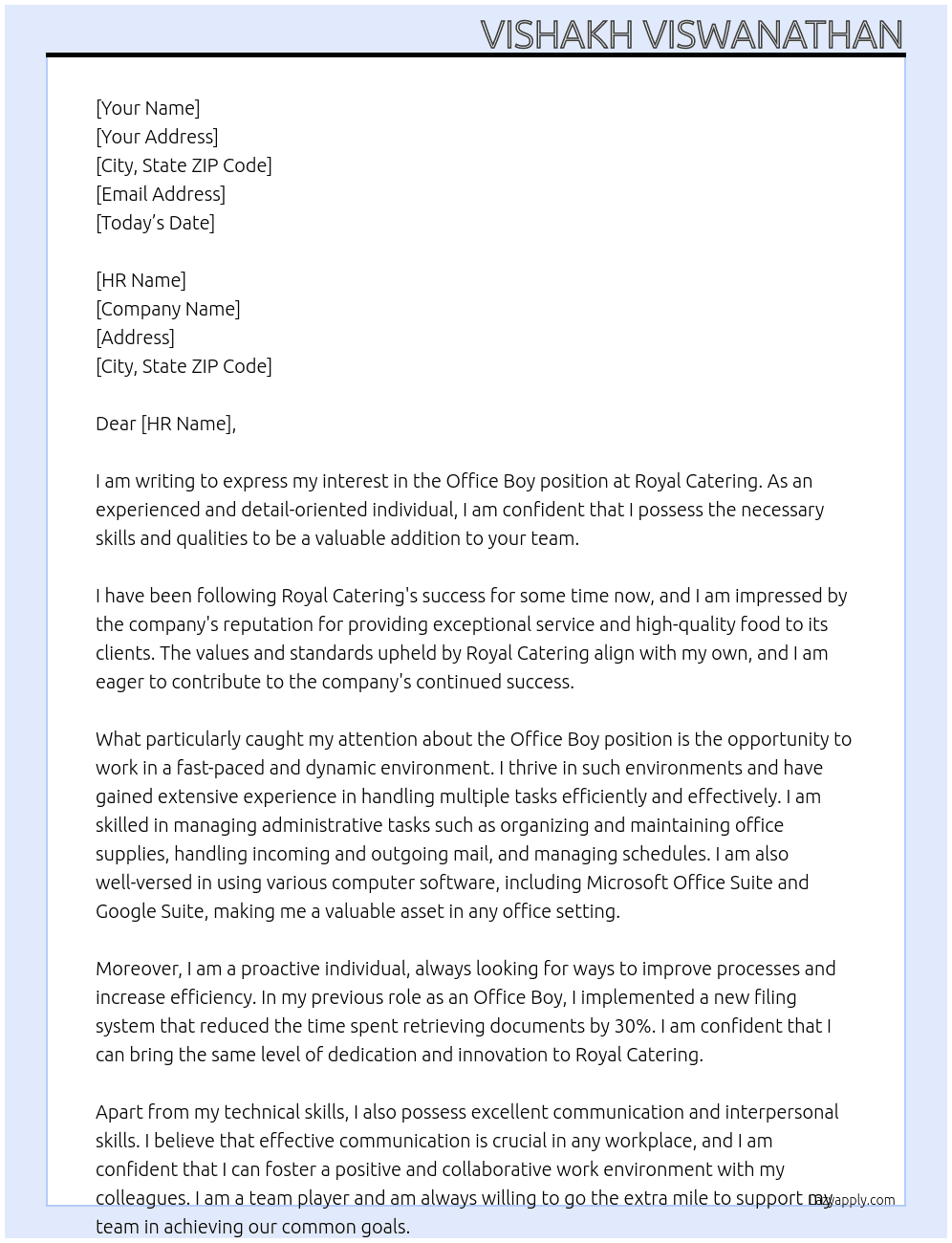 Office Boy At Royal Catering Cover Letter