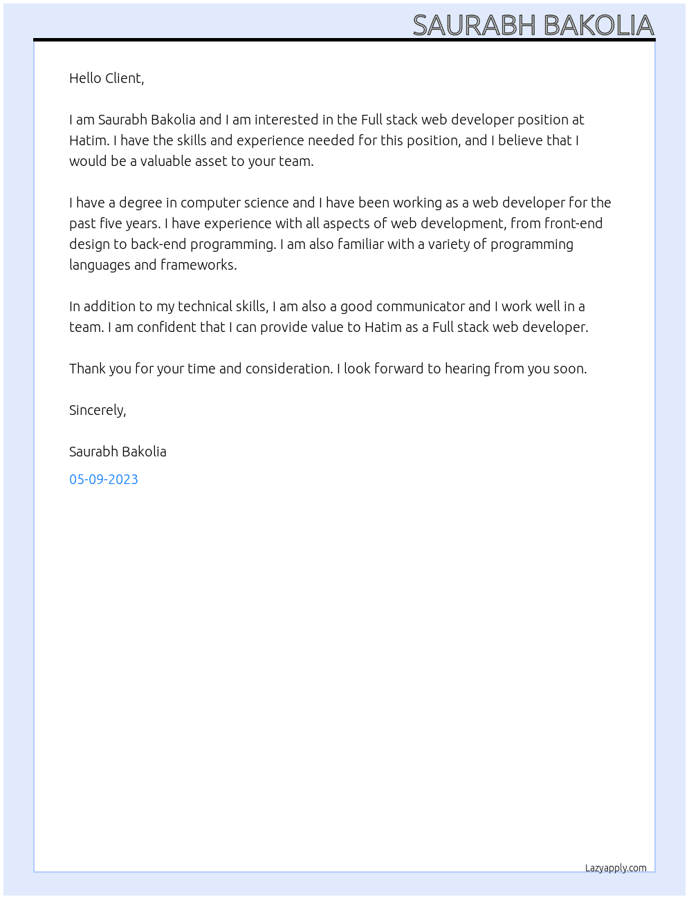 Full stack web developer At Hatim Cover Letter