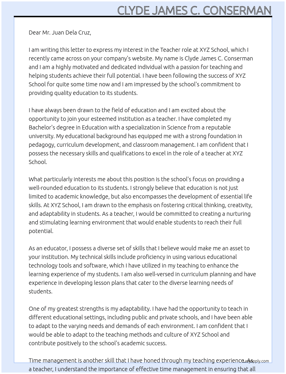 Teacher At XYZ School Cover Letter
