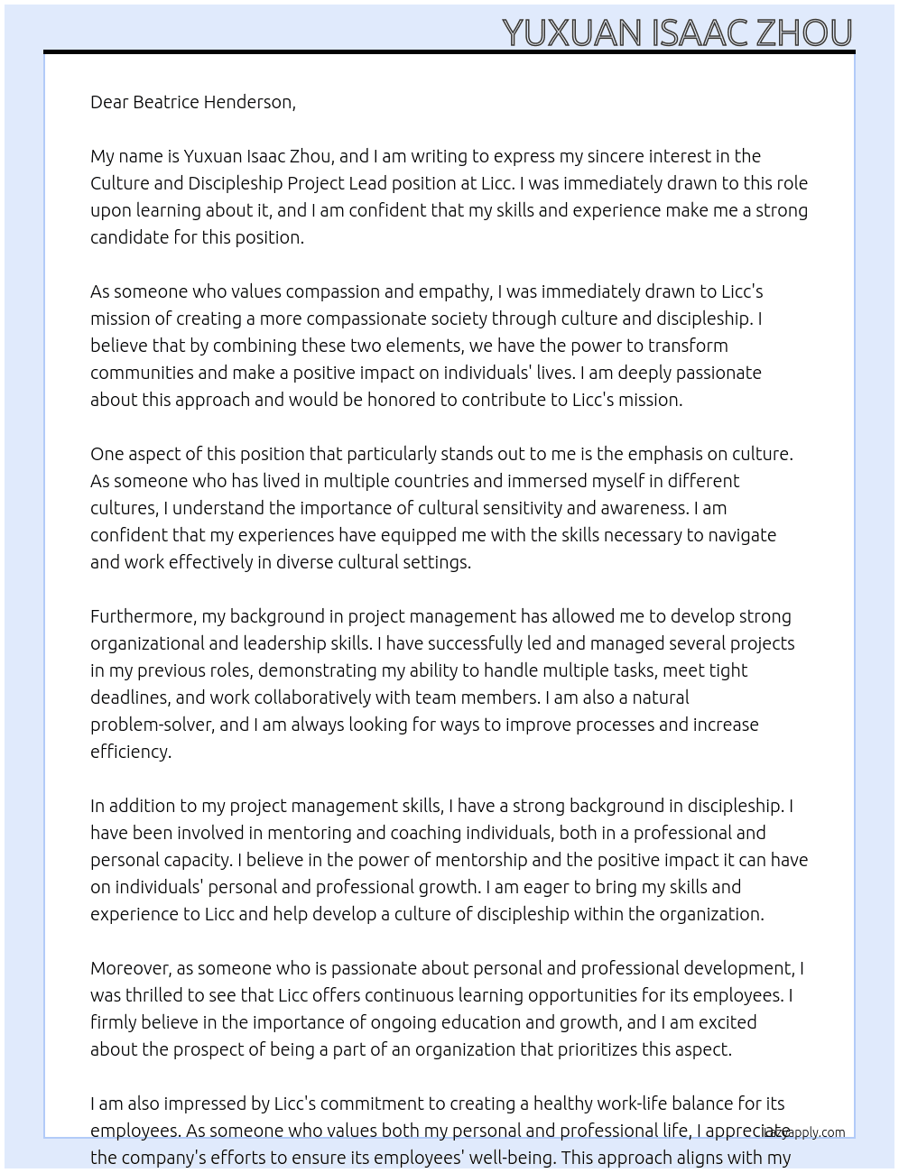 Culture and Discipleship Project Lead At Licc Cover Letter