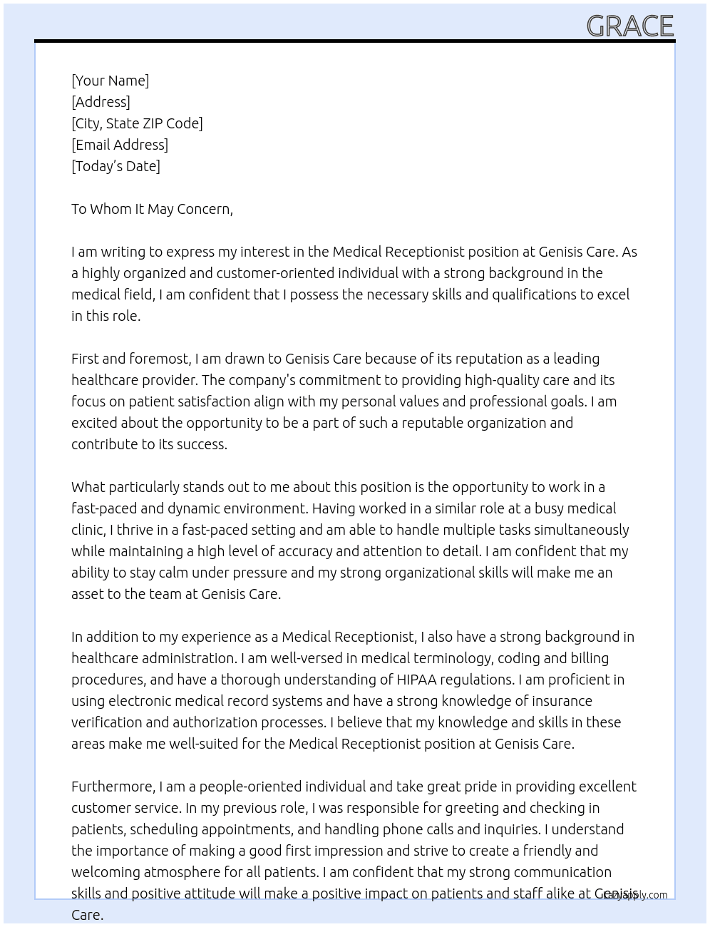Medical Receptionist  At Genisis Care Cover Letter