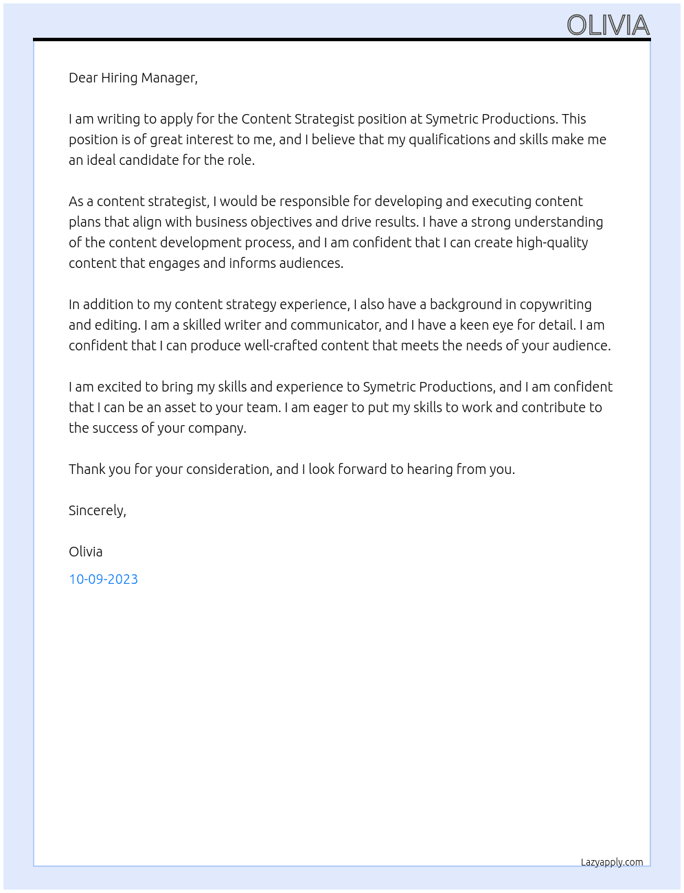 CONTENT STRATEGIST At Symetric Productions  Cover Letter