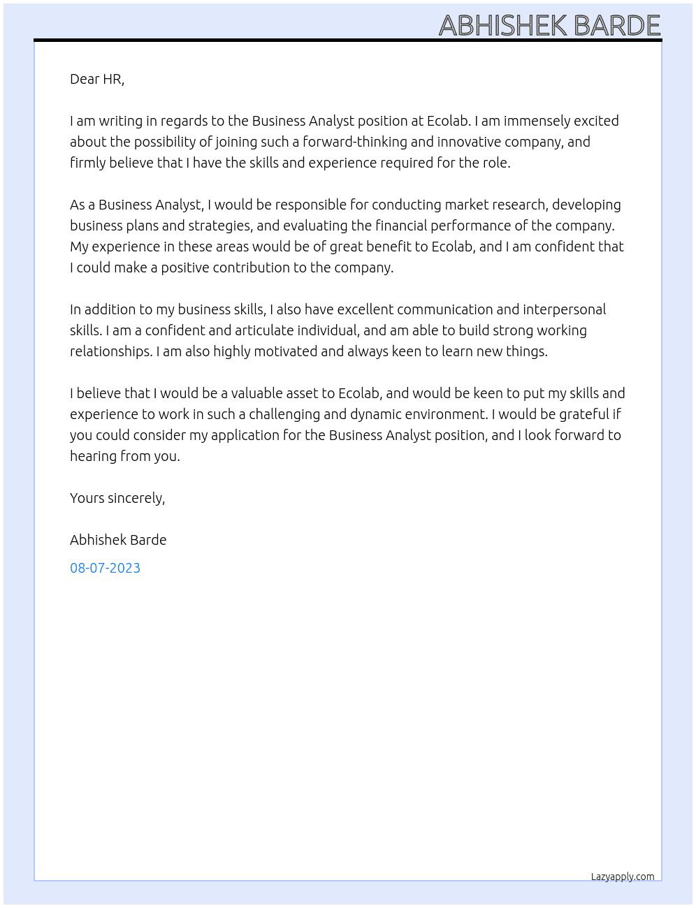 Business Analyst At Ecolab Cover Letter