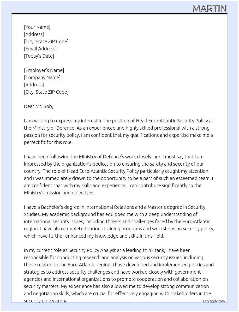 Head Euro-Atlantic Security Policy At Ministry of Defence Cover Letter