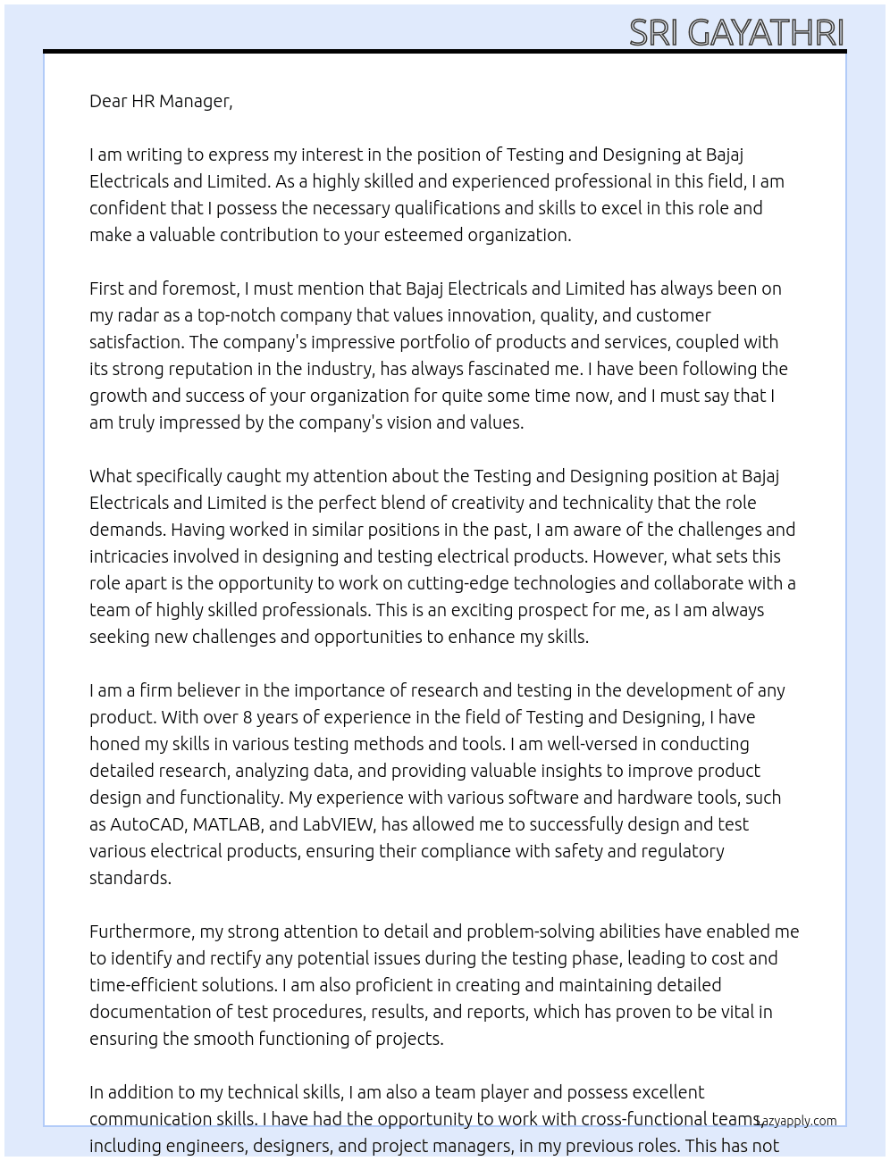 Testing and Designing At Bajaj Electricals and Limited Cover Letter
