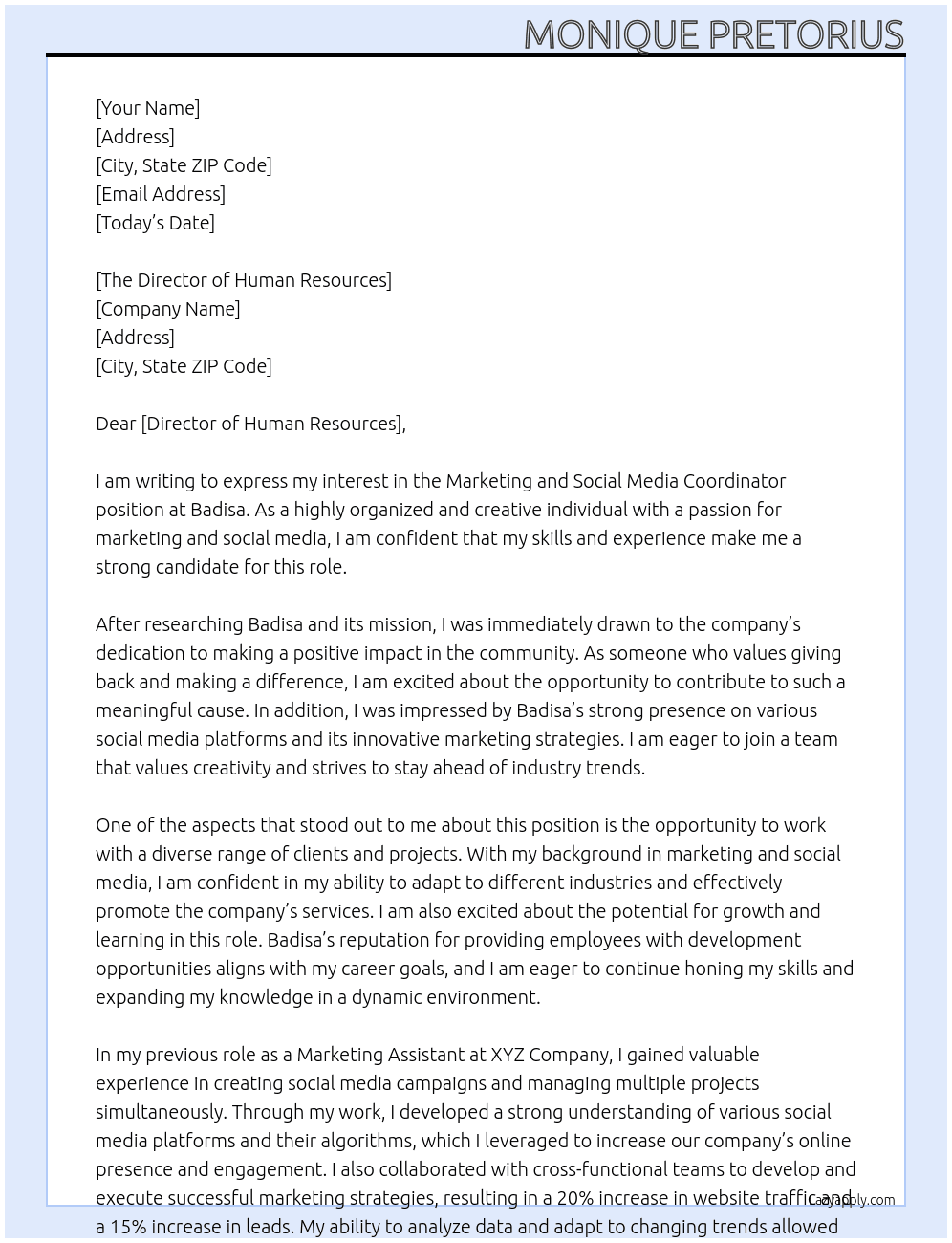 Marketing and Social Media Coordinator  At Badisa Cover Letter