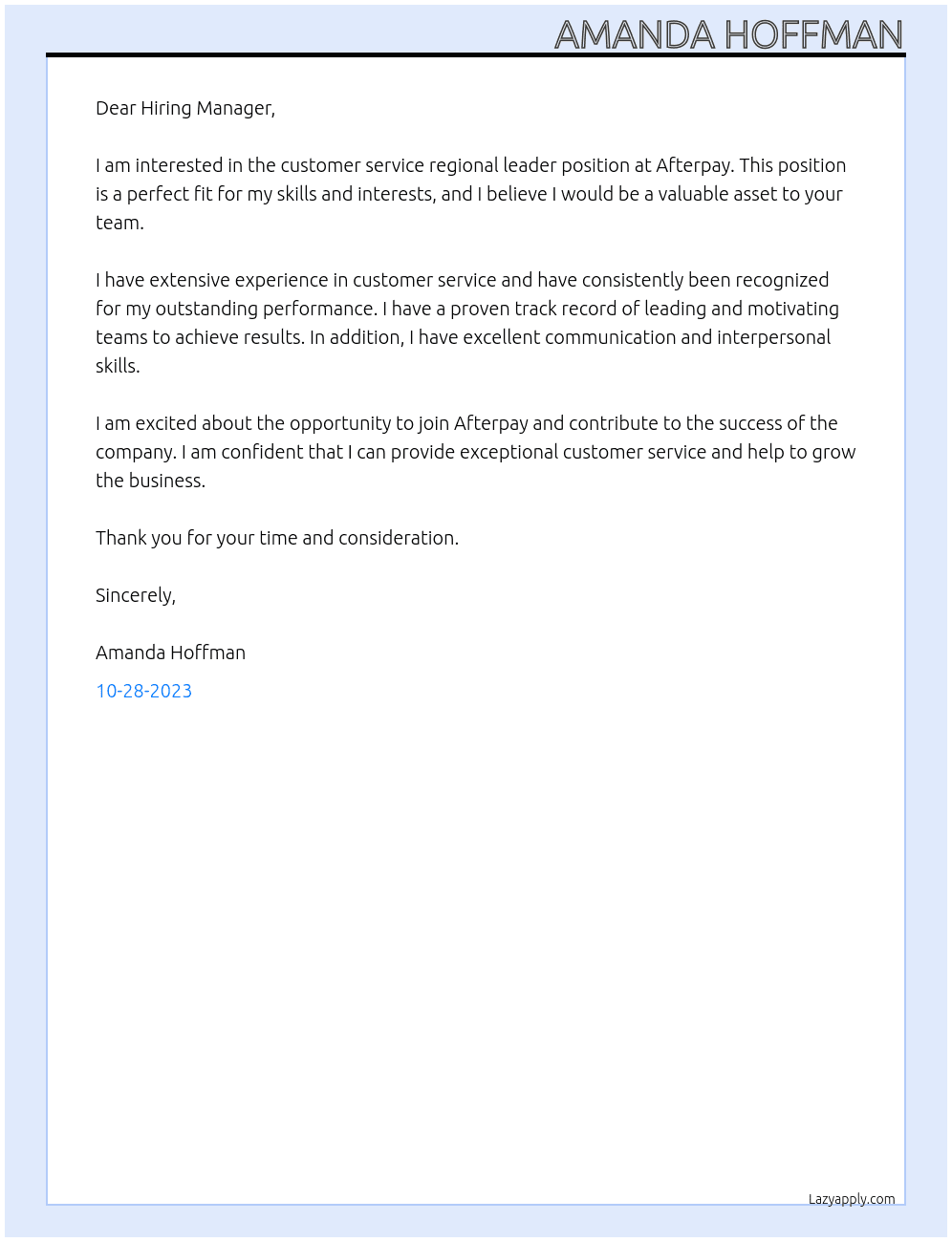 customer service regional leader At Afterpay Cover Letter