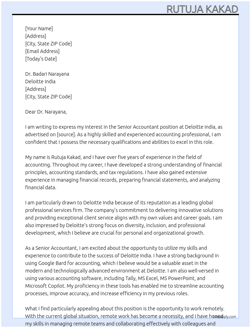 Senior Accountant At Deloitte India Cover Letter