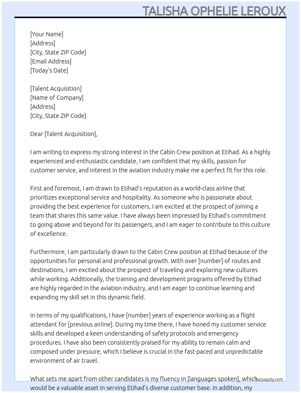 Cabin crew At Etihad Cover Letter