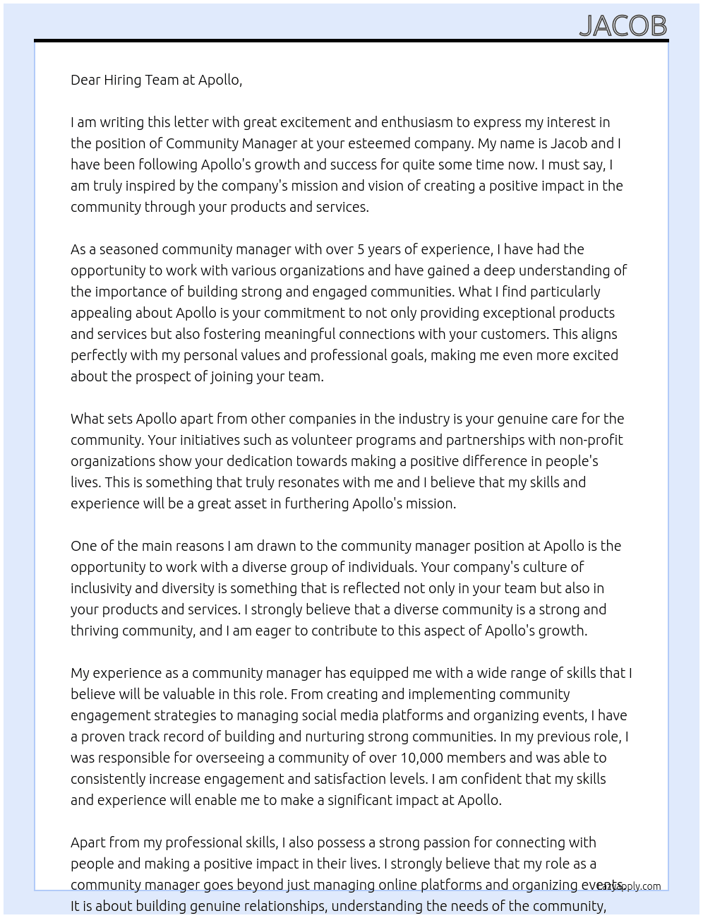 Community manager At Apollo Cover Letter
