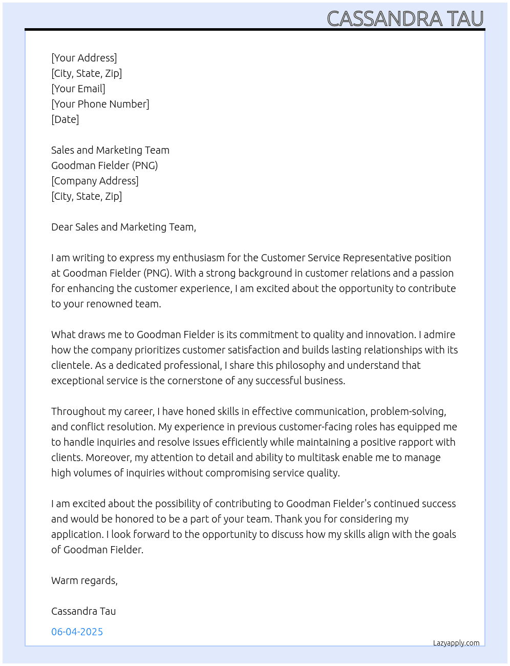 Cover letter for customer service representives - LazyApply