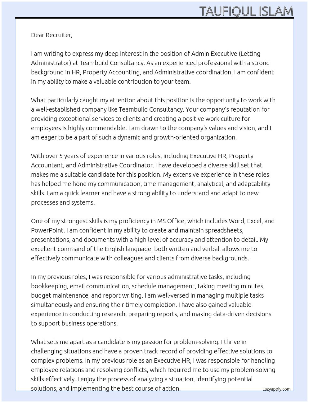 Admin Executive (Letting Administrator) At Teambuild Consultancy Cover Letter