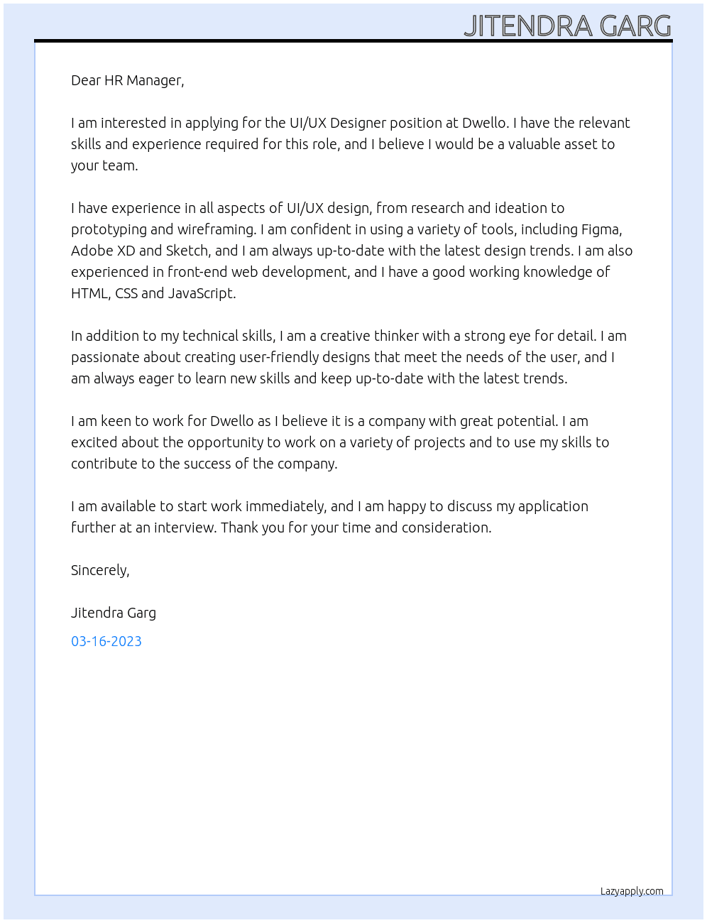 UI/UX Designer At Dwello Cover Letter