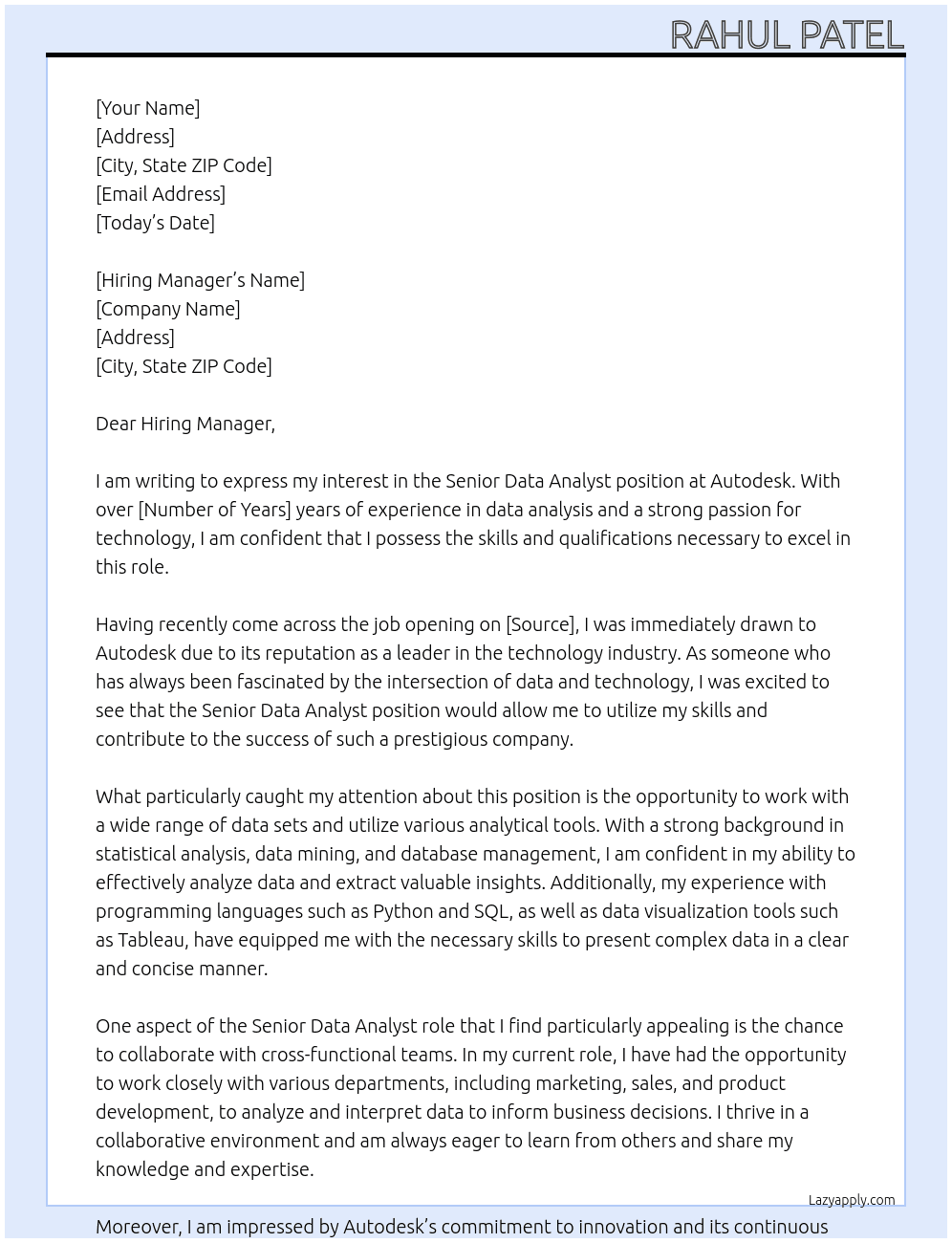 Senior Data Analyst At Autodesk Cover Letter