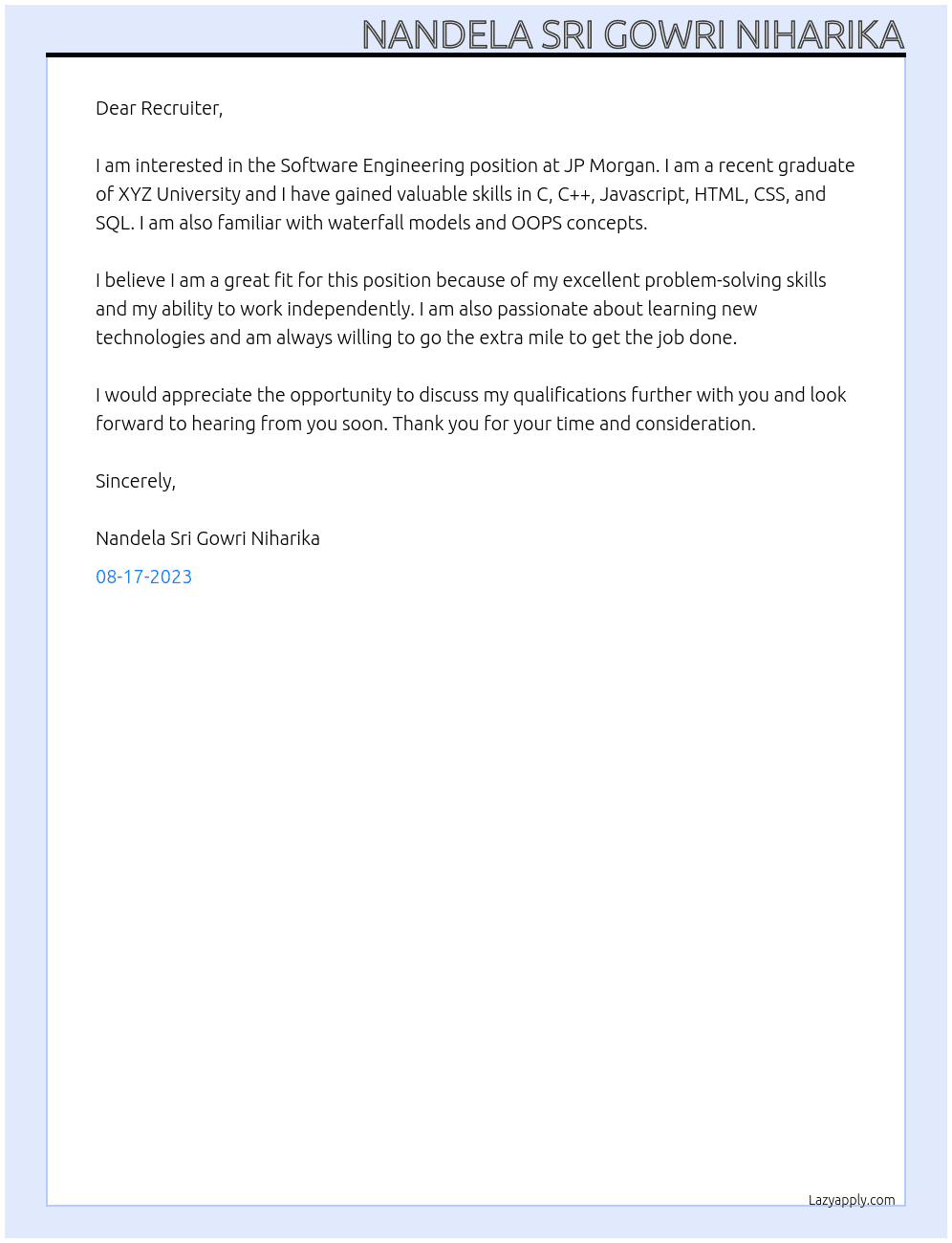 Software Engineering At JP Morgan Cover Letter
