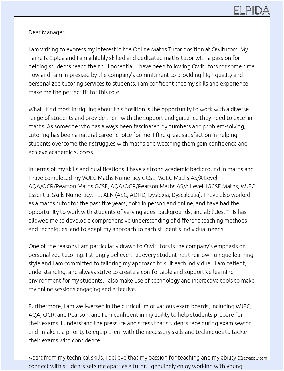 Online Maths Tutor At Owltutors Cover Letter