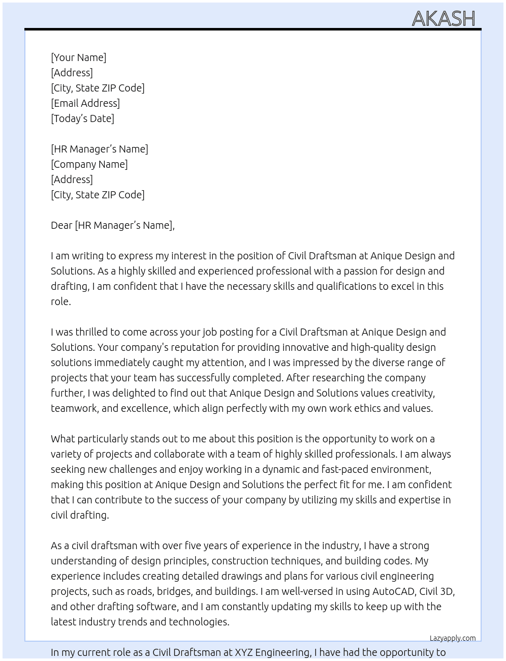 Civil draftsman  At Anique design and solutions  Cover Letter
