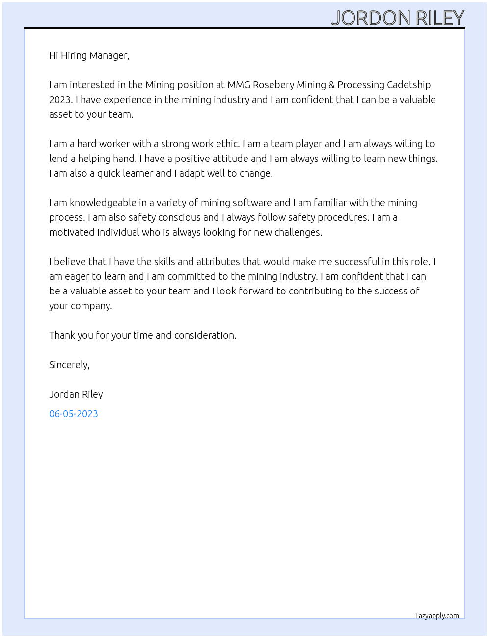 Mining At MMG Rosebery Mining & Processing Cadetship 2023.  Cover Letter