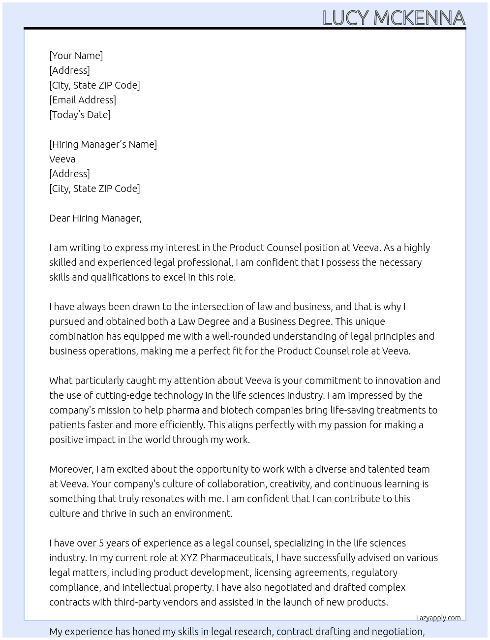 Product Counsel At Veeva Cover Letter