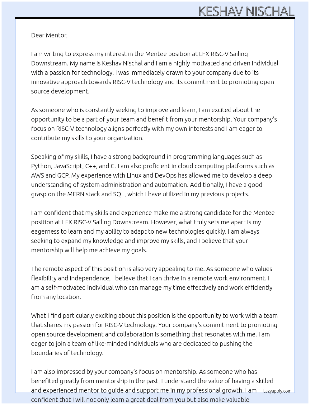 mentee At LFX RISC-V Sailing Downstream Cover Letter
