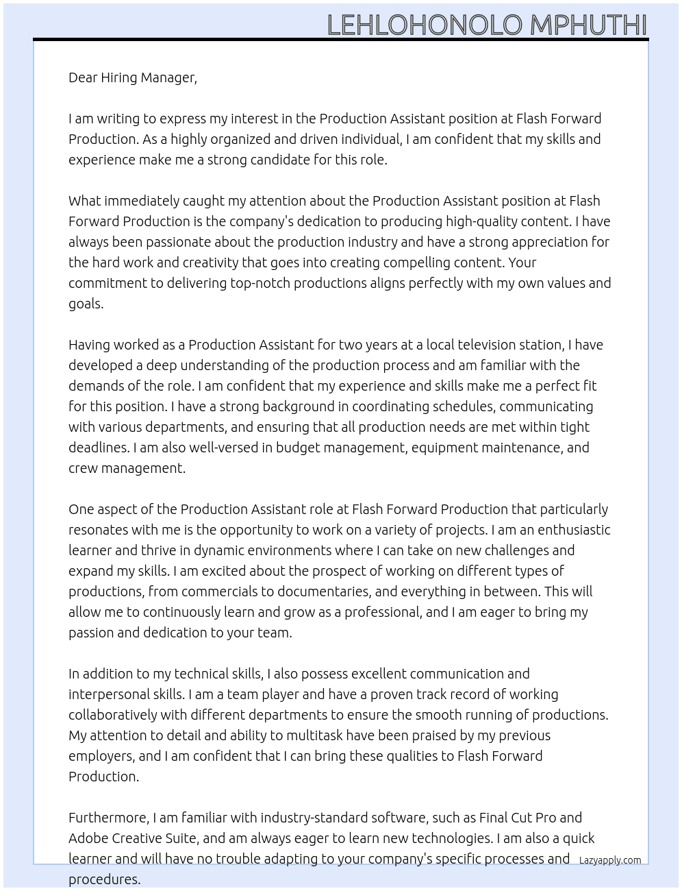 Production Assistance  At Flash Forward Production Cover Letter
