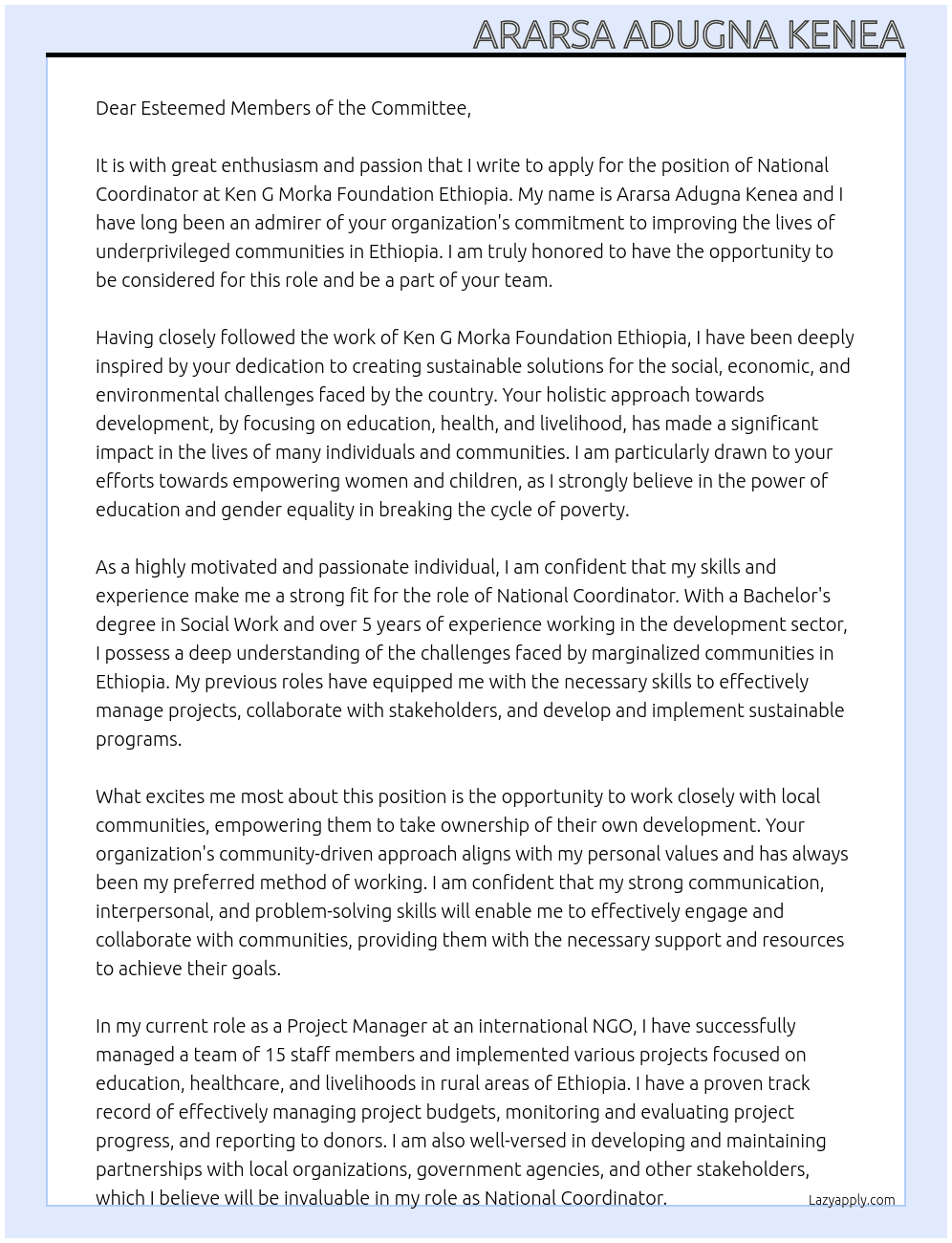 National Coordinator At Ken G Morka foundation Ethiopia  Cover Letter