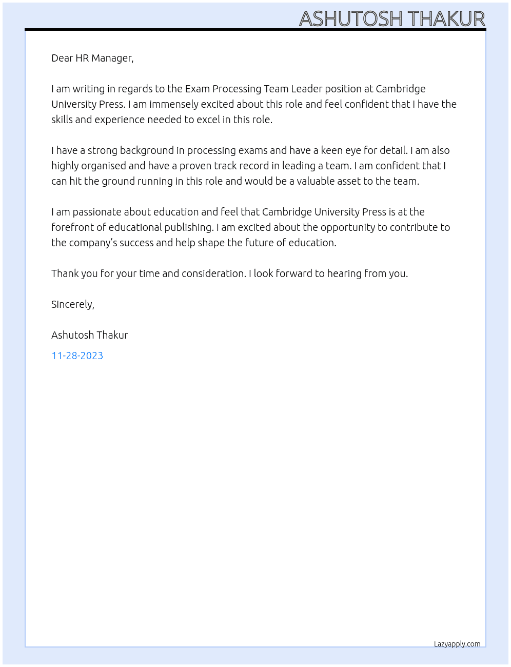 Exam Processing Team Leader At Cambridge University Press  Cover Letter