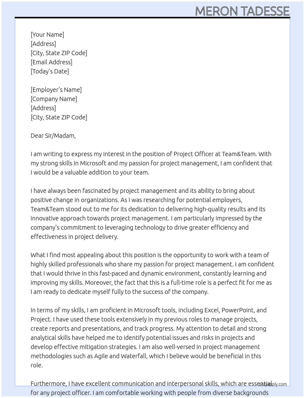 project officer At team&team Cover Letter