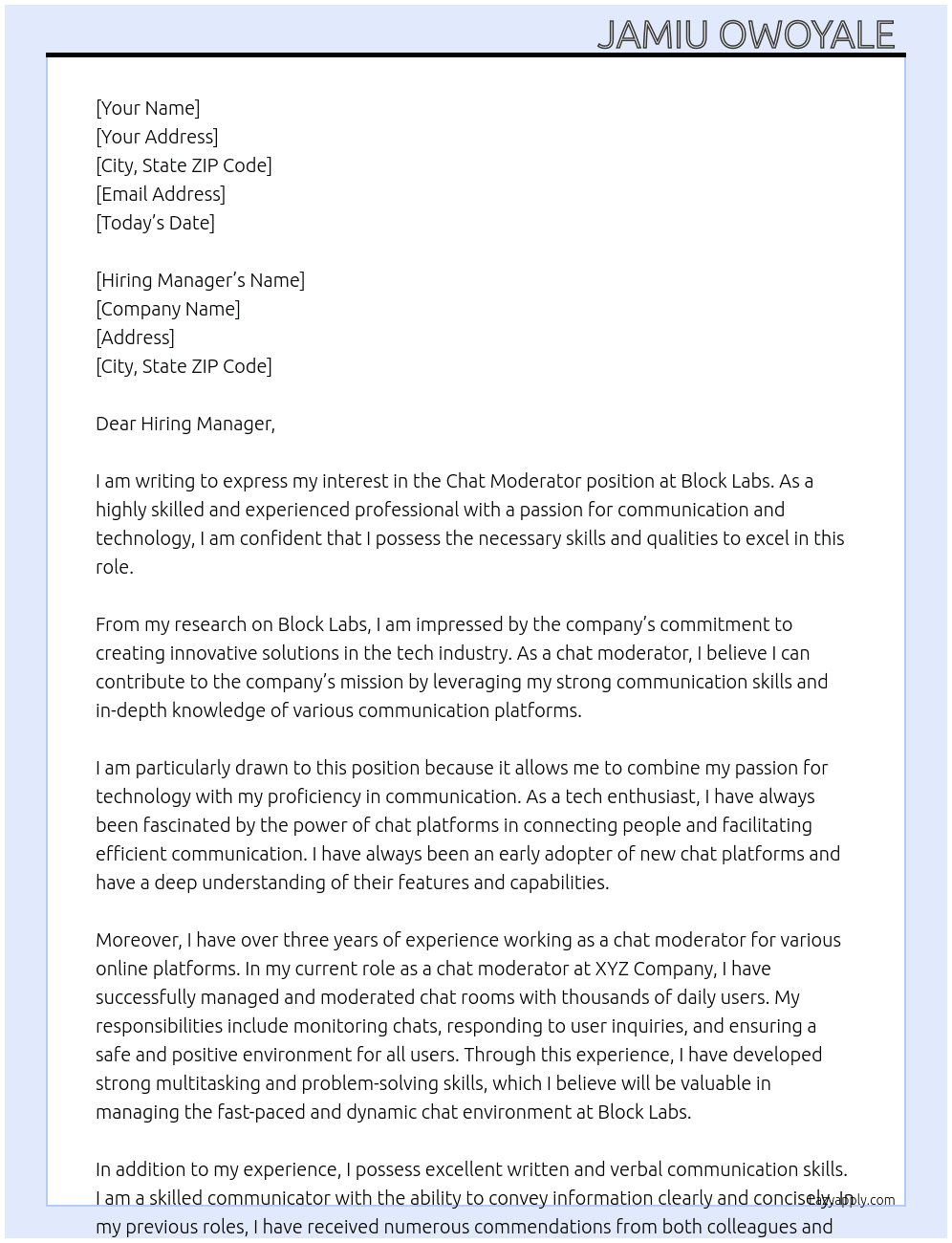 Chat moderator  At Block Labs  Cover Letter