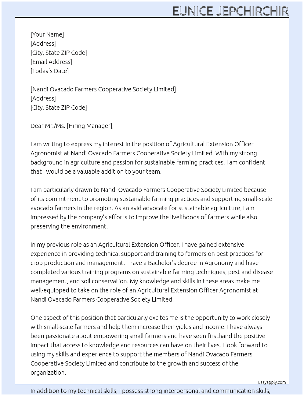 Agricultural Extension Officer Agronomist At Nandi Ovacado Farmers Cooperative Society Limited Cover Letter