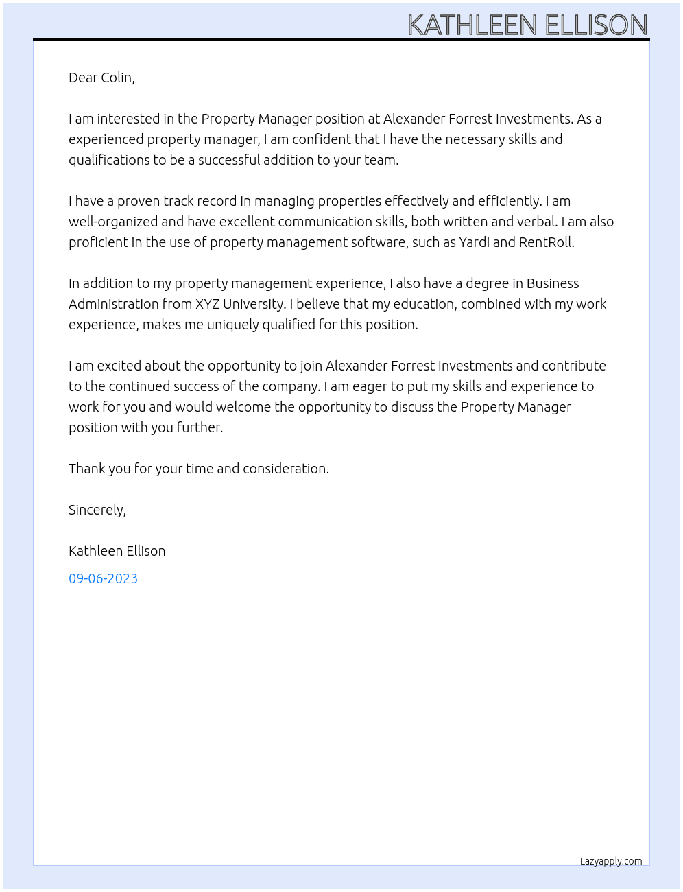 Property Manager At Alexander Forrest Investments Cover Letter