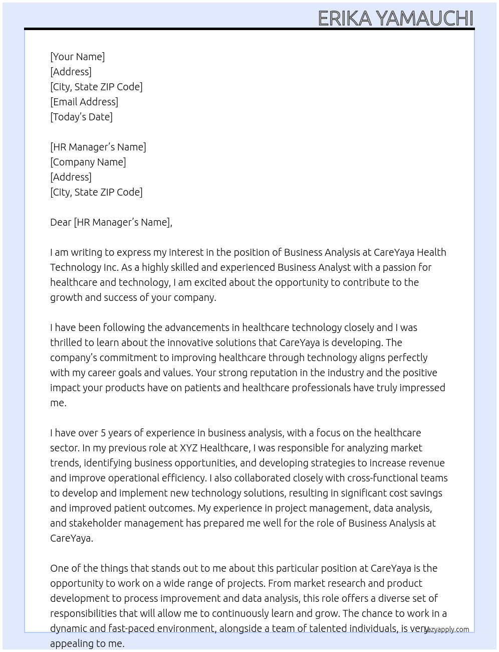 Business Analysis At CareYaya Health Techonology Inc. Cover Letter