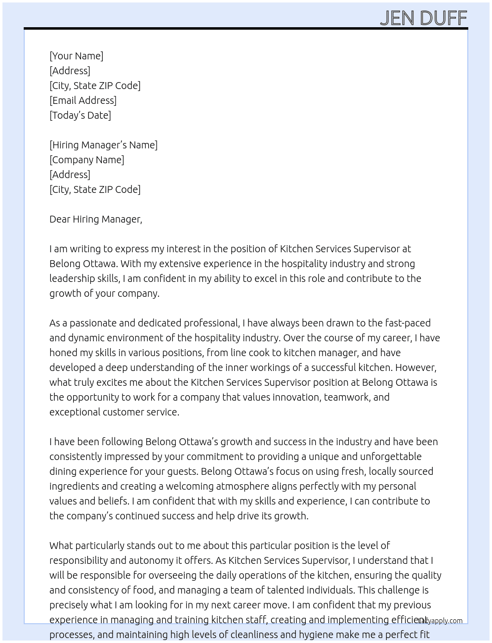 Kitchen Services Supervisor At Belong Ottawa Cover Letter