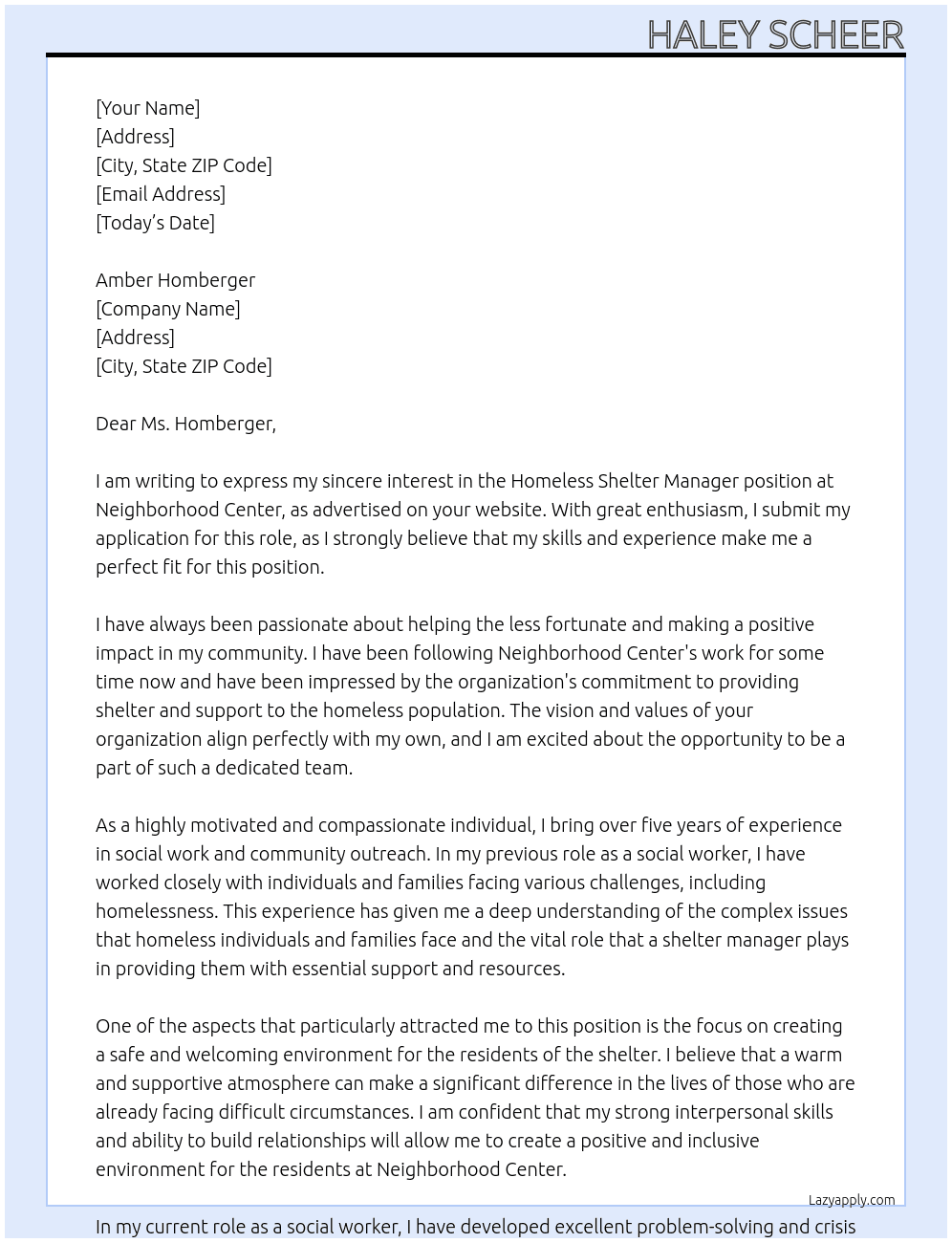 Homeless Shelter manager  At Neighborhood Center Cover Letter