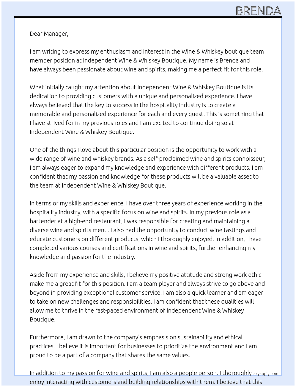 Wine & Whiskey boutique team member At independent wine & whiskey boutique  Cover Letter