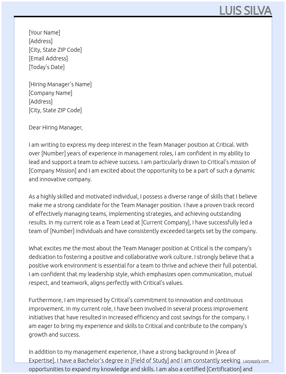 Team Manager At Critical Cover Letter