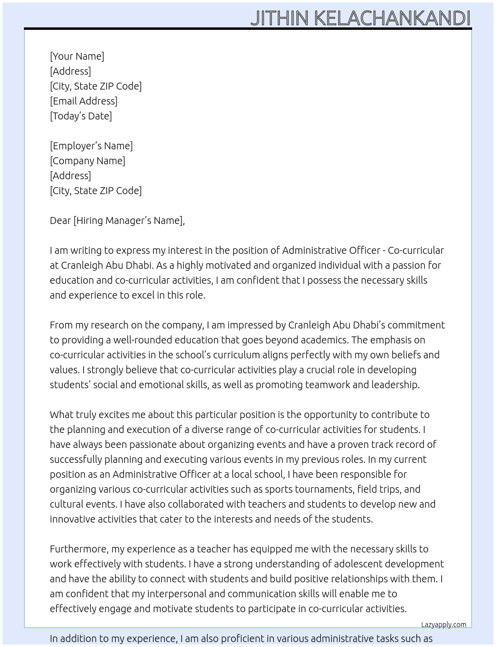 Administrative Officer- Co-curricular At Cranleigh Abu Dhabi Cover Letter