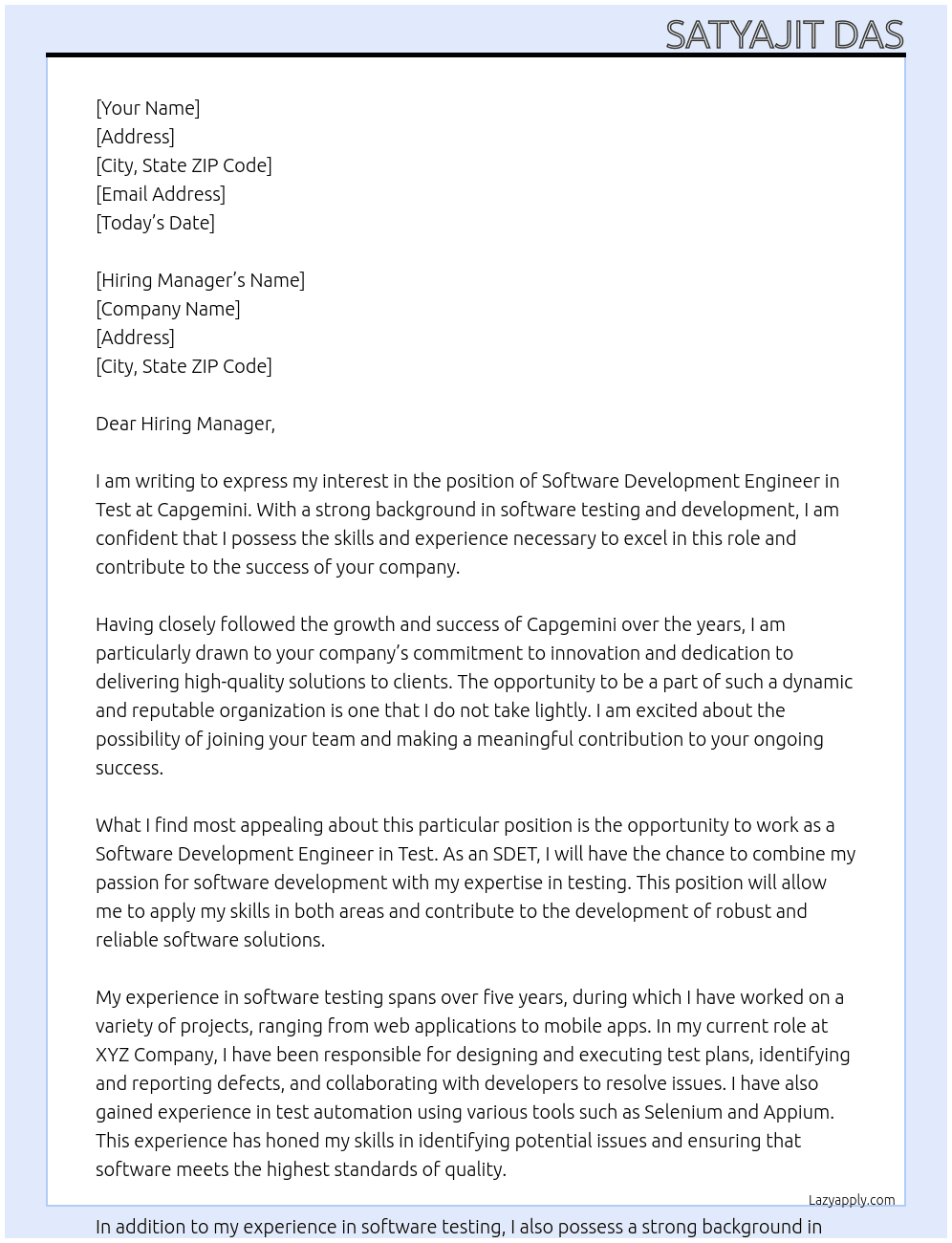 Software Development Engineer in Test  At Capgemini Cover Letter
