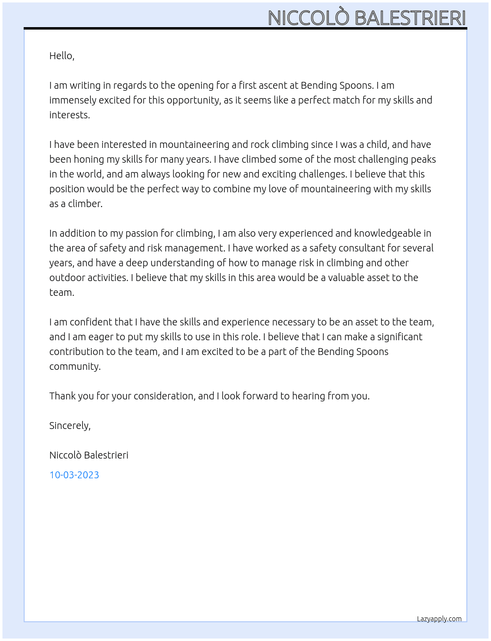 First ascent  At Bending spoons Cover Letter