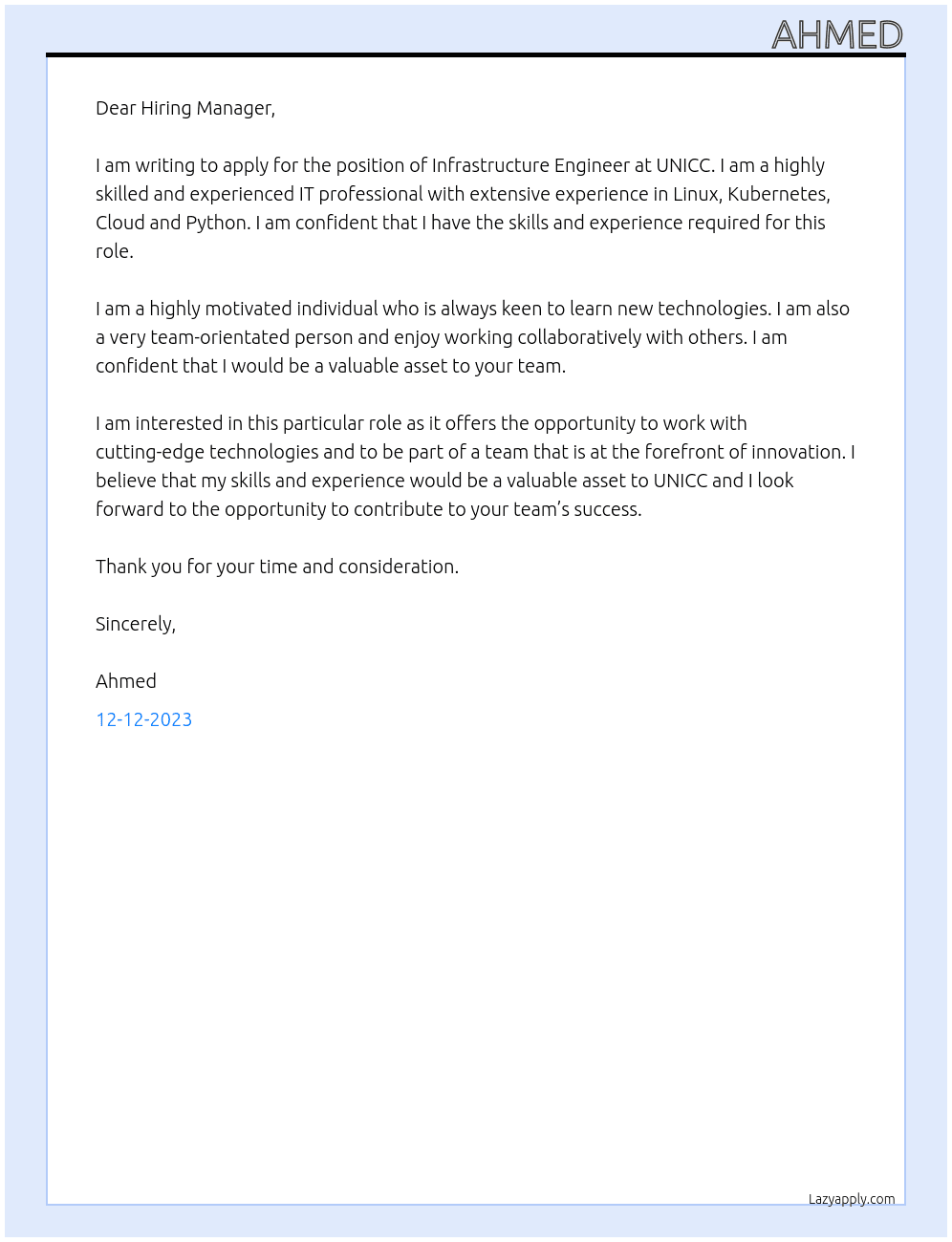 Infrastructure engineer At UNICC Cover Letter